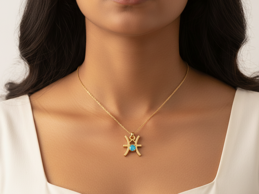 Pisces Zodiac Necklace Gold Plated 925 Silver with Aqua Blue Cubic Zirconia