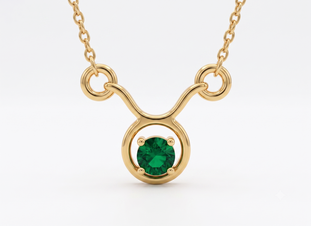 Gold Plated 925 Silver Taurus Zodiac Necklace with Green colour Glass Stone