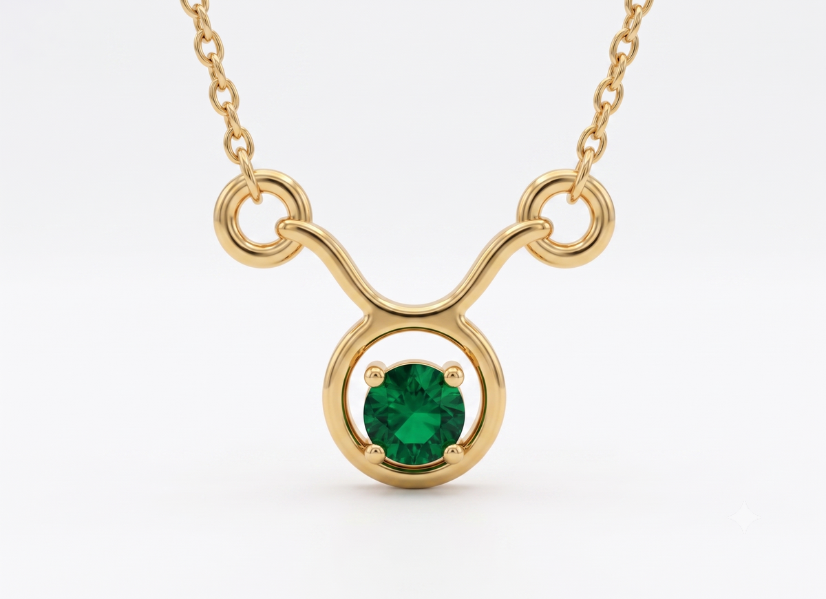 Gold plated 925 silver taurus zodiac necklace with green colour glass stone