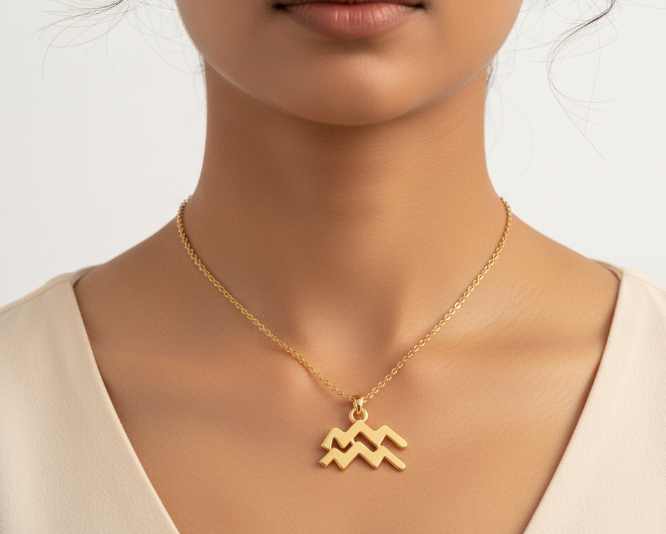 Aquarius Zodiac Pendant Necklace Gold Plated 925 Silver Astrology Jewelry