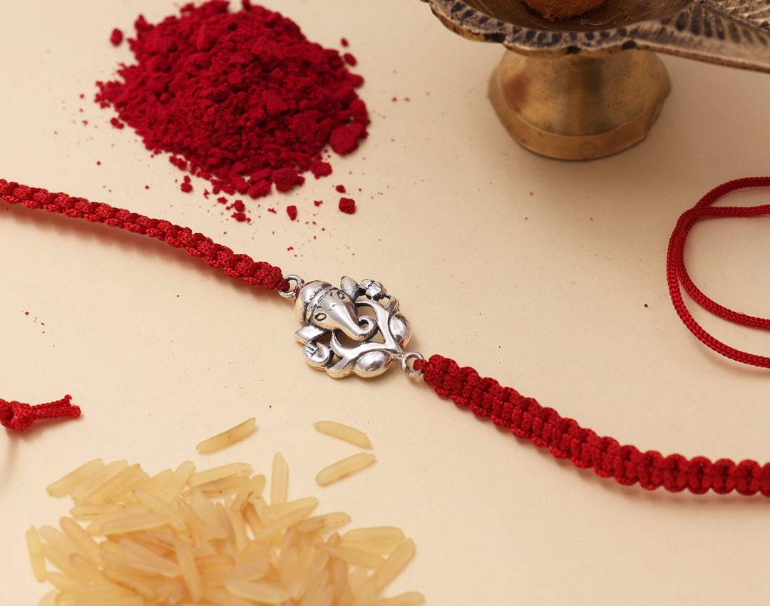 Ganesha 925 Sterling Silver Rakhi for Brother with Red Thread