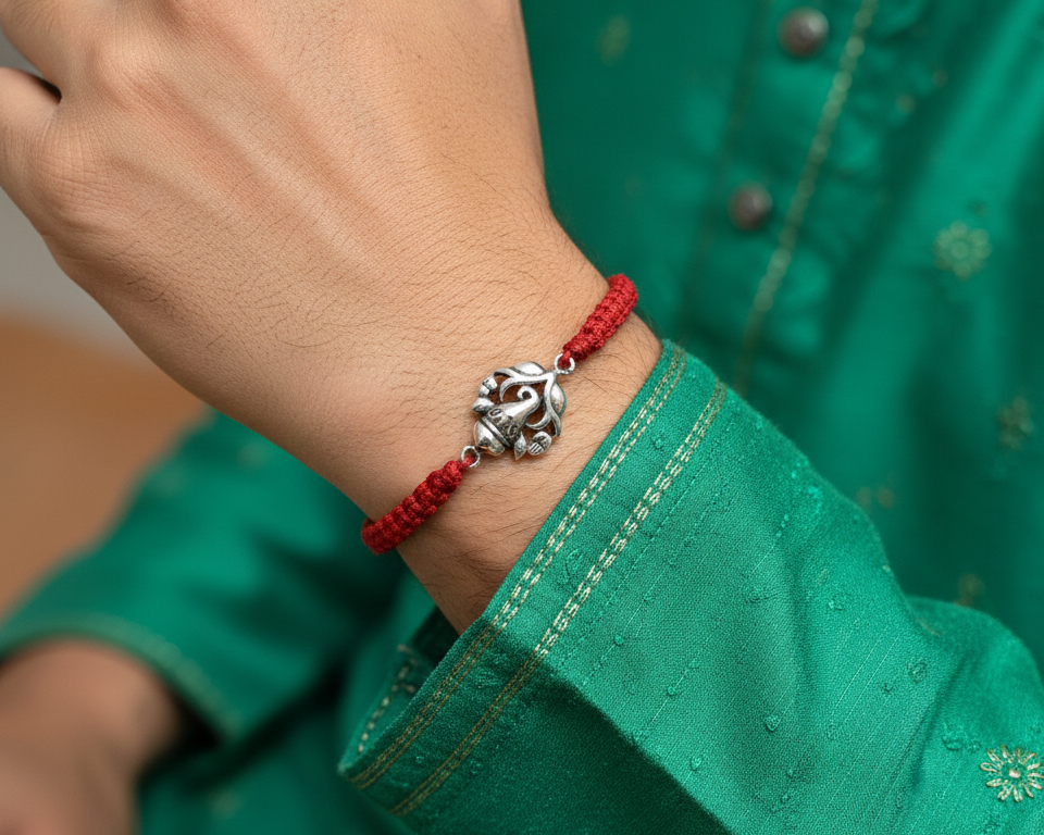 Ganesha 925 Sterling Silver Rakhi for Brother with Red Thread