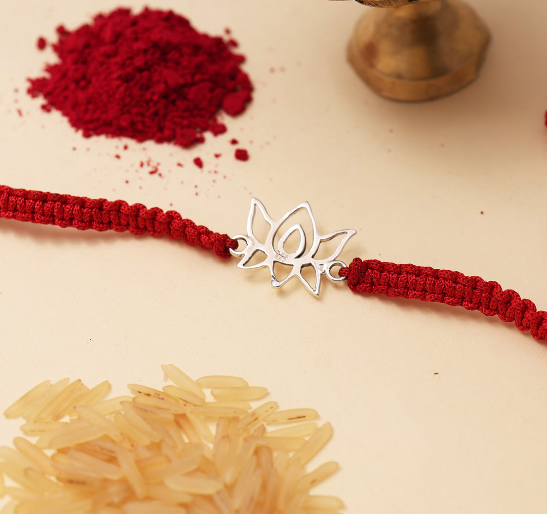 Lotus Flower 925 Silver Rakhi for Brother with Red Thread