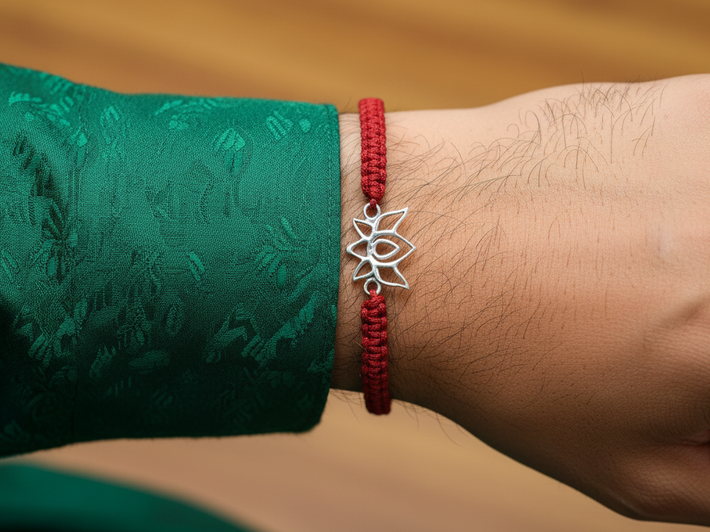 Lotus Flower 925 Silver Rakhi for Brother with Red Thread