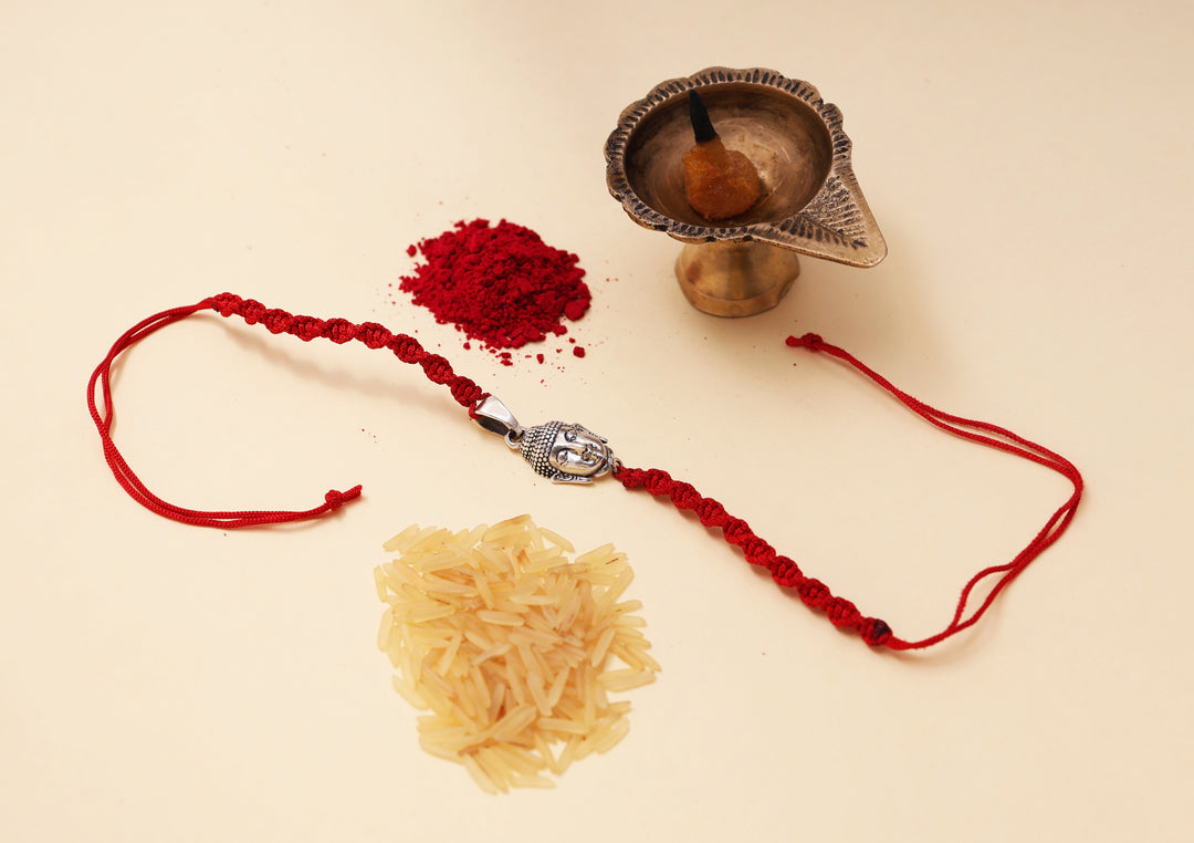 Buddha Head 925 Silver Rakhi for Brother on Red Thread