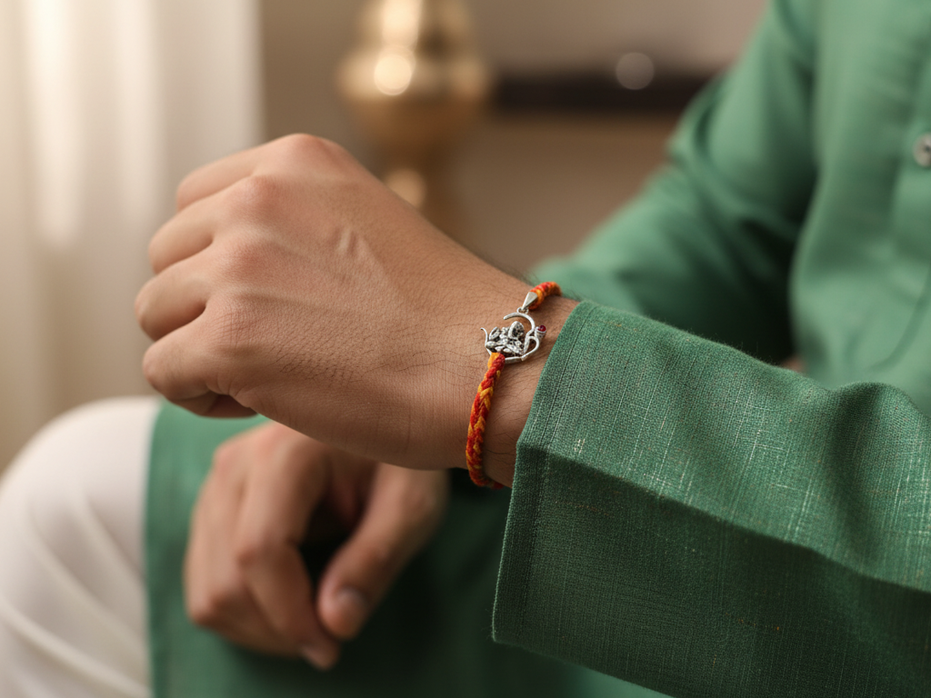Sterling Silver Ganesha Rakhi with CZ for Brother