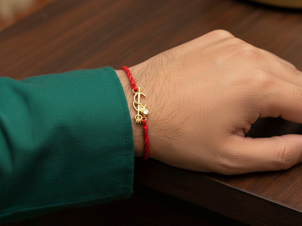 Shiva Trishul Om 925 Silver CZ Rakhi for Brother, Gold-Plated