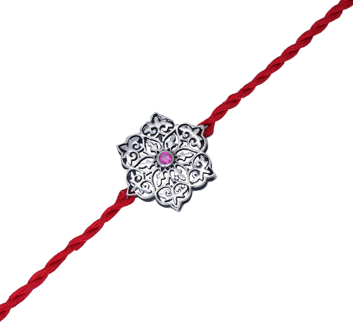 Floral mandala 925 sterling silver rakhi with cz for brother