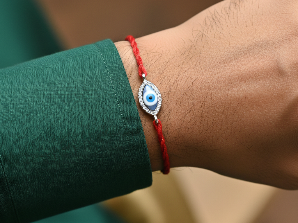 Evil Eye Rakhi 925 Sterling Silver CZ Bracelet for Brother