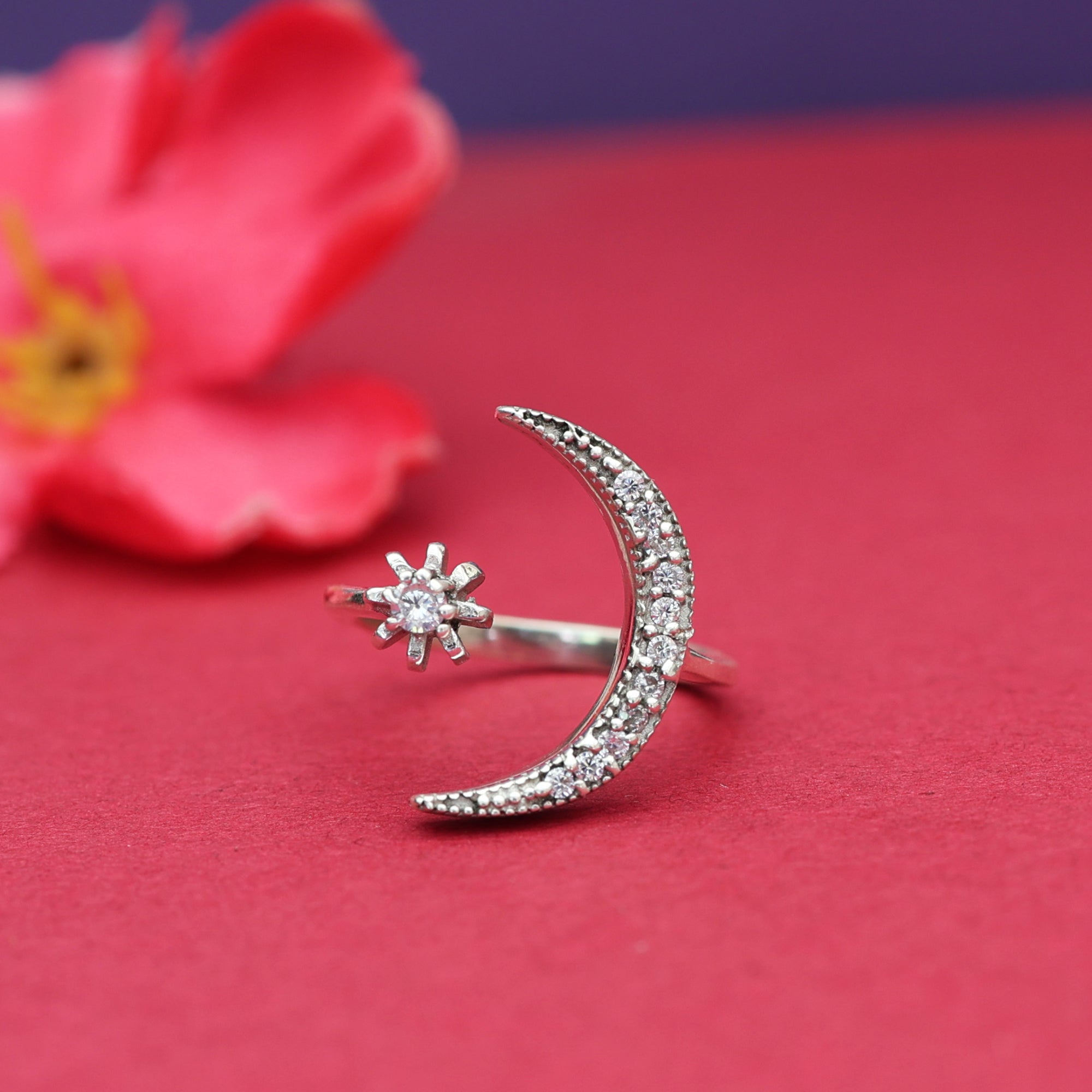 Sterling Silver Moon & Star Ring - Dainty CZ Ring for Women