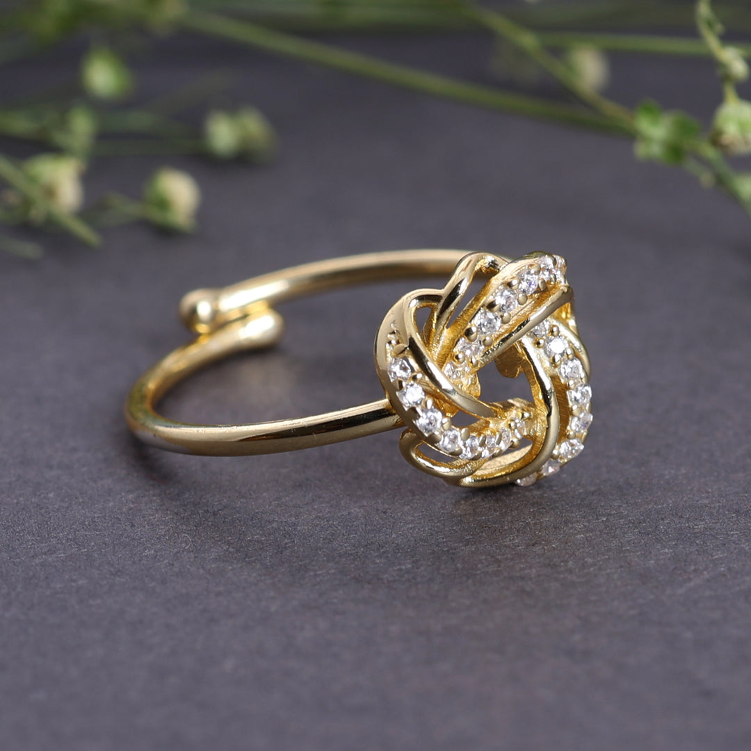 Gold Plated Adjustable Knot Ring with Cubic Zirconia Stones