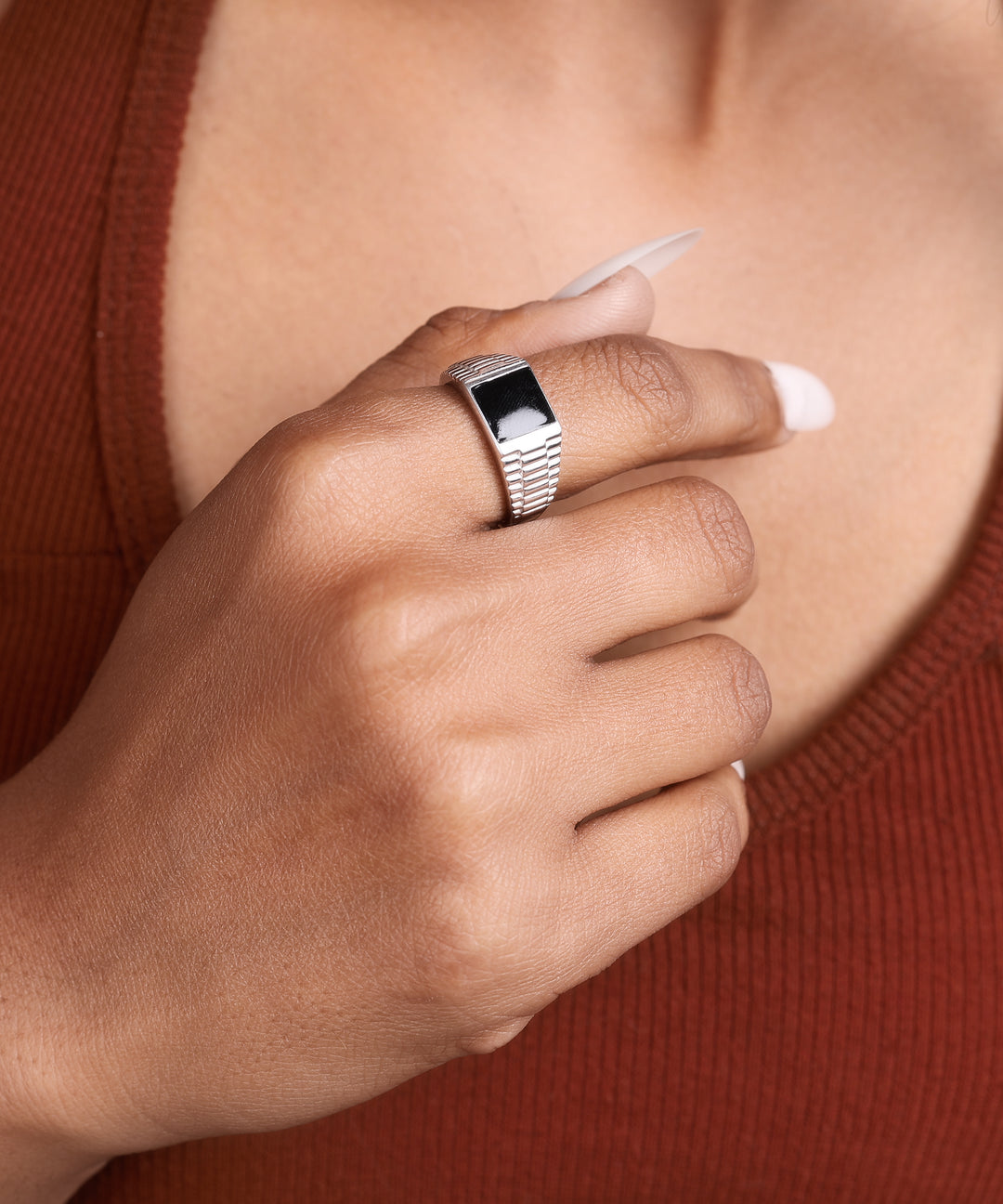 Oxidized Silver Adjustable Ring with Black Onyx Center | Men's Band