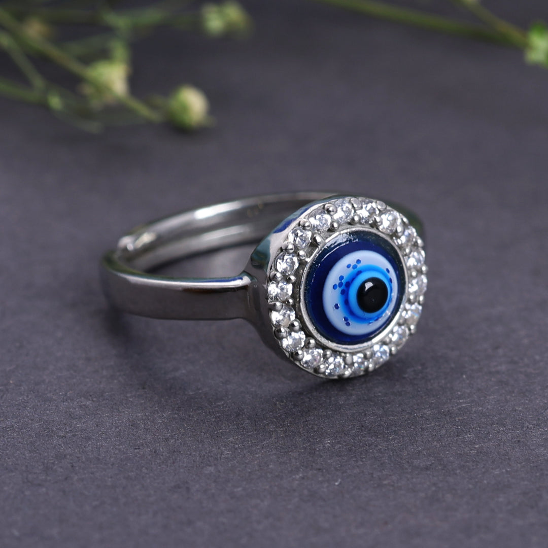 Sterling Silver Adjustable Evil Eye Ring with CZ Accents for Women