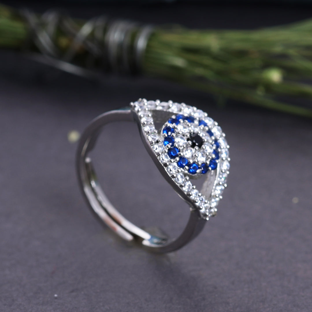 925 Sterling Silver Evil Eye Adjustable Ring with Blue CZ Stones