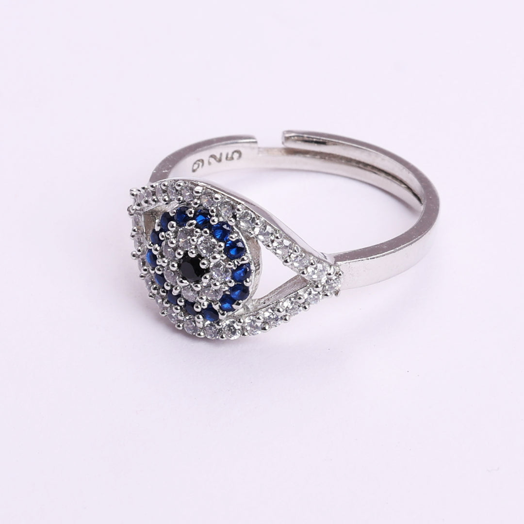 925 Sterling Silver Evil Eye Adjustable Ring with Blue CZ Stones