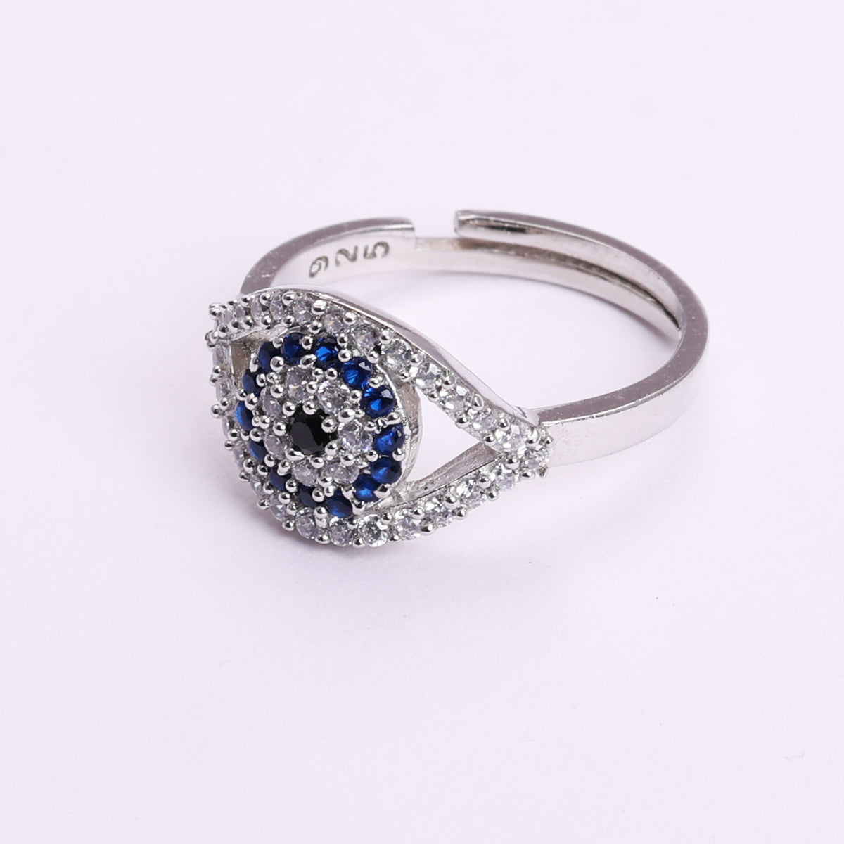 925 sterling silver evil eye adjustable ring with blue cz stones