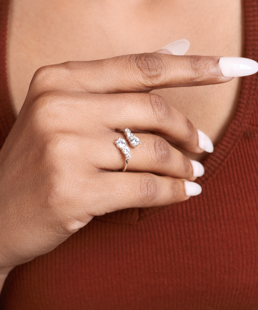 925 Sterling Silver Open Wrap Ring with CZ Stones | Adjustable Band