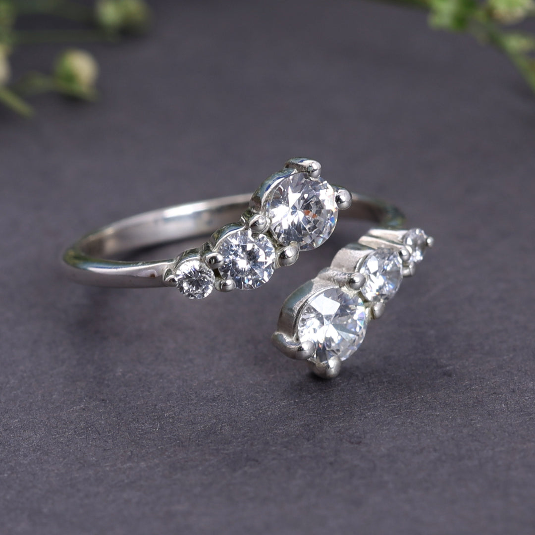 925 Sterling Silver Open Wrap Ring with CZ Stones | Adjustable Band