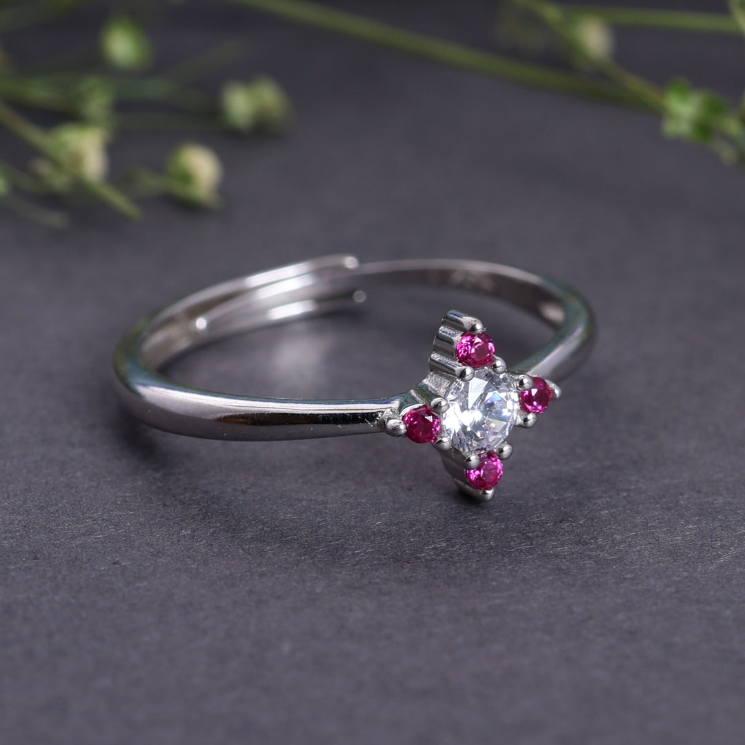 925 Sterling Silver Adjustable Ring with White & Pink CZ Stones