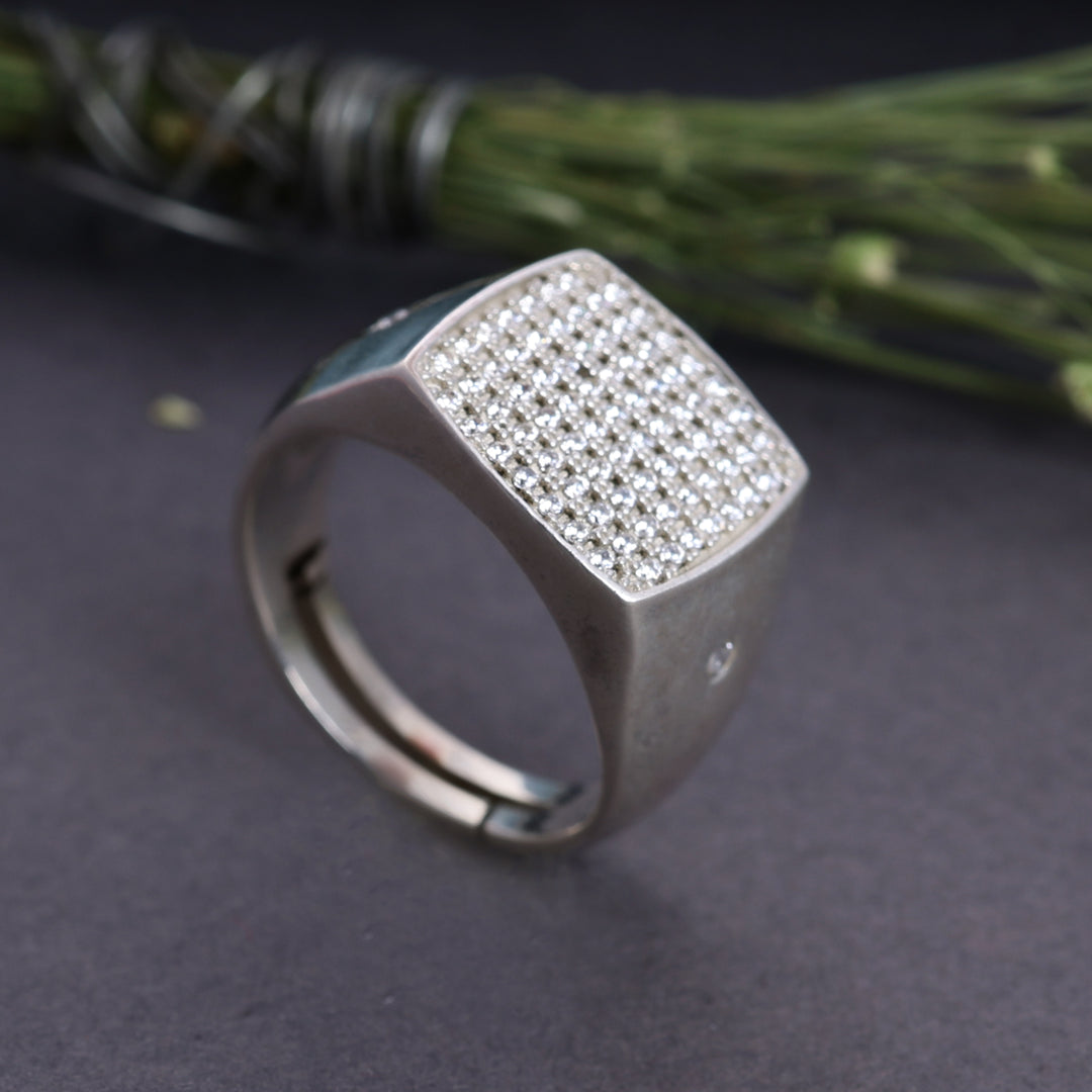 925 Sterling Silver Pave Cubic Zirconia Signet Ring for Men