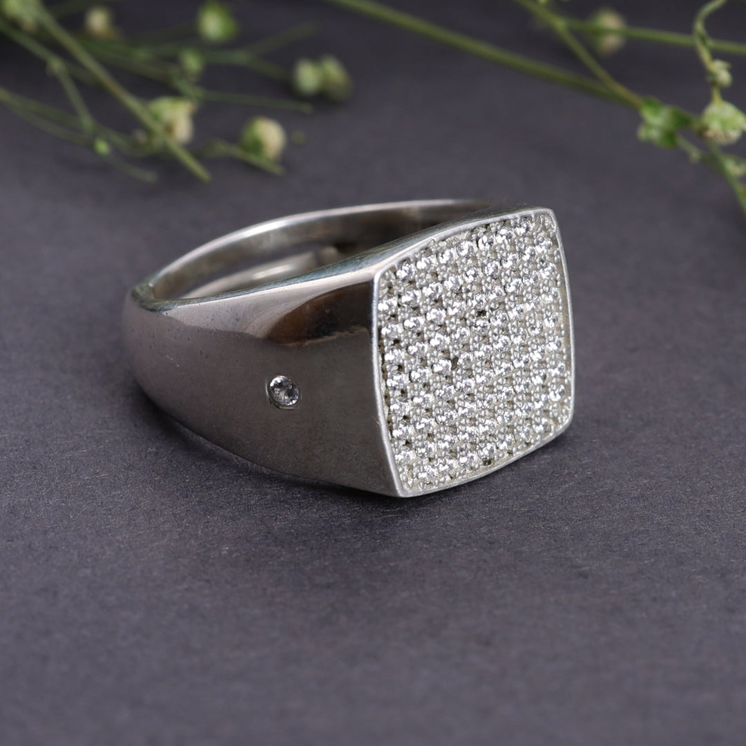 925 Sterling Silver Pave Cubic Zirconia Signet Ring for Men