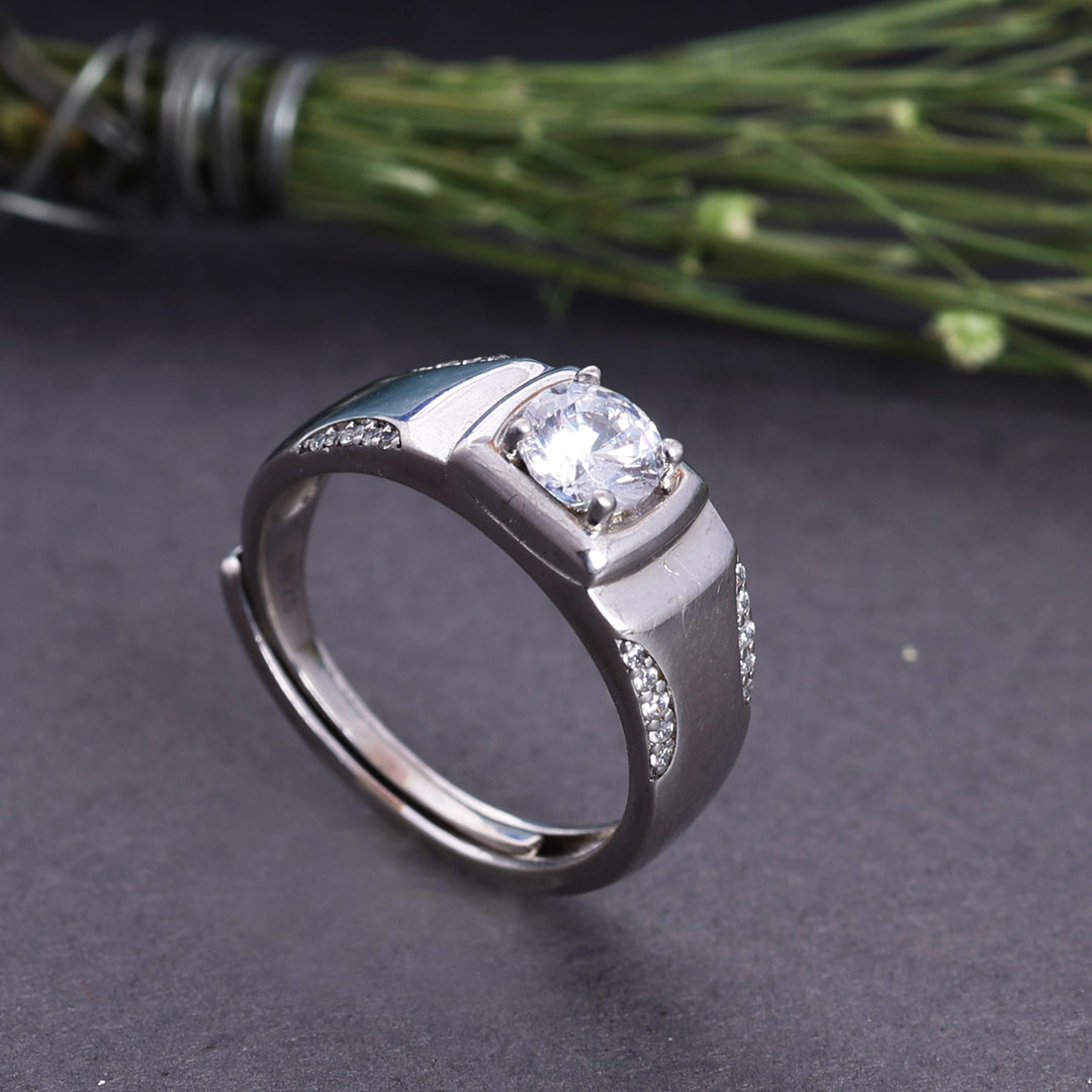 Sterling Silver Men's Band Ring with Solitaire and Accent Diamonds