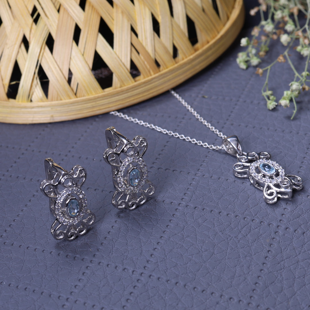 925 Silver Blue Gemstone Necklace & Earrings Set for Women