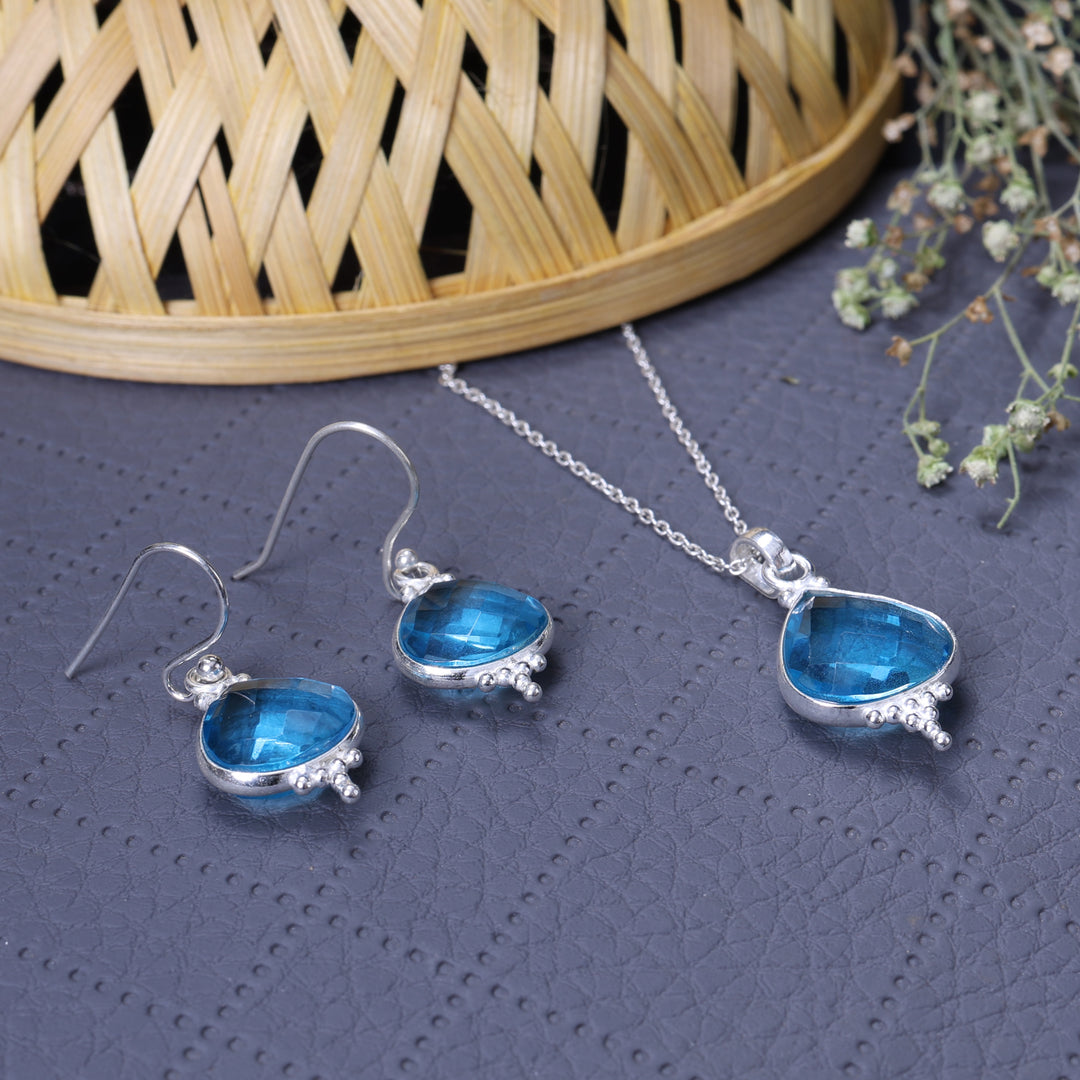 925 Silver Blue Topaz Teardrop Earrings & Necklace Set | Gift for Her