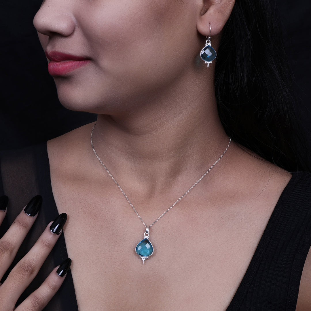925 Silver Blue Topaz Teardrop Earrings & Necklace Set | Gift for Her