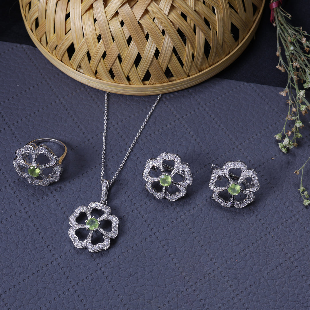 925 Silver Flower Jewelry Set with Green Gemstone | Gift for Her