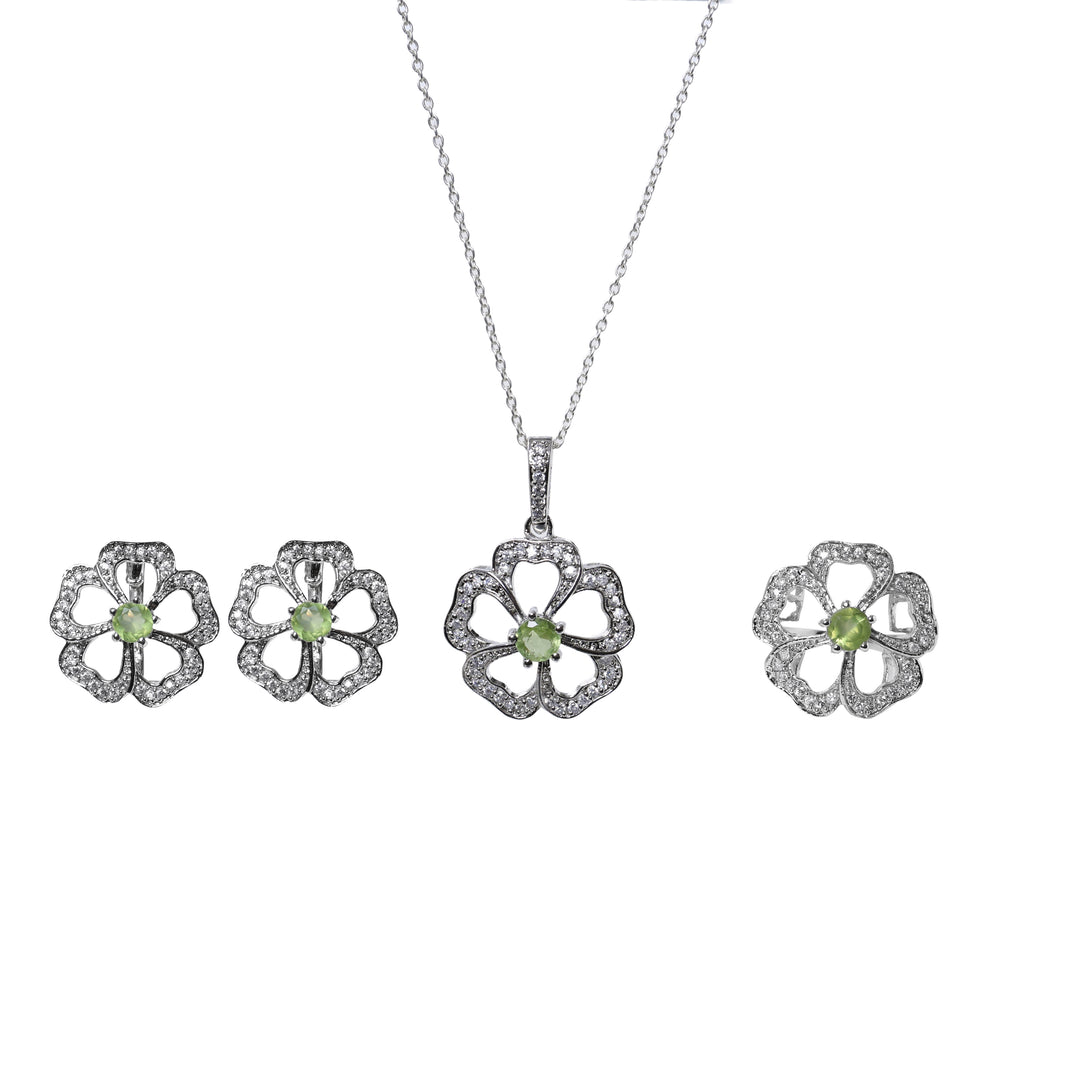 925 Silver Flower Jewelry Set with Green Gemstone | Gift for Her