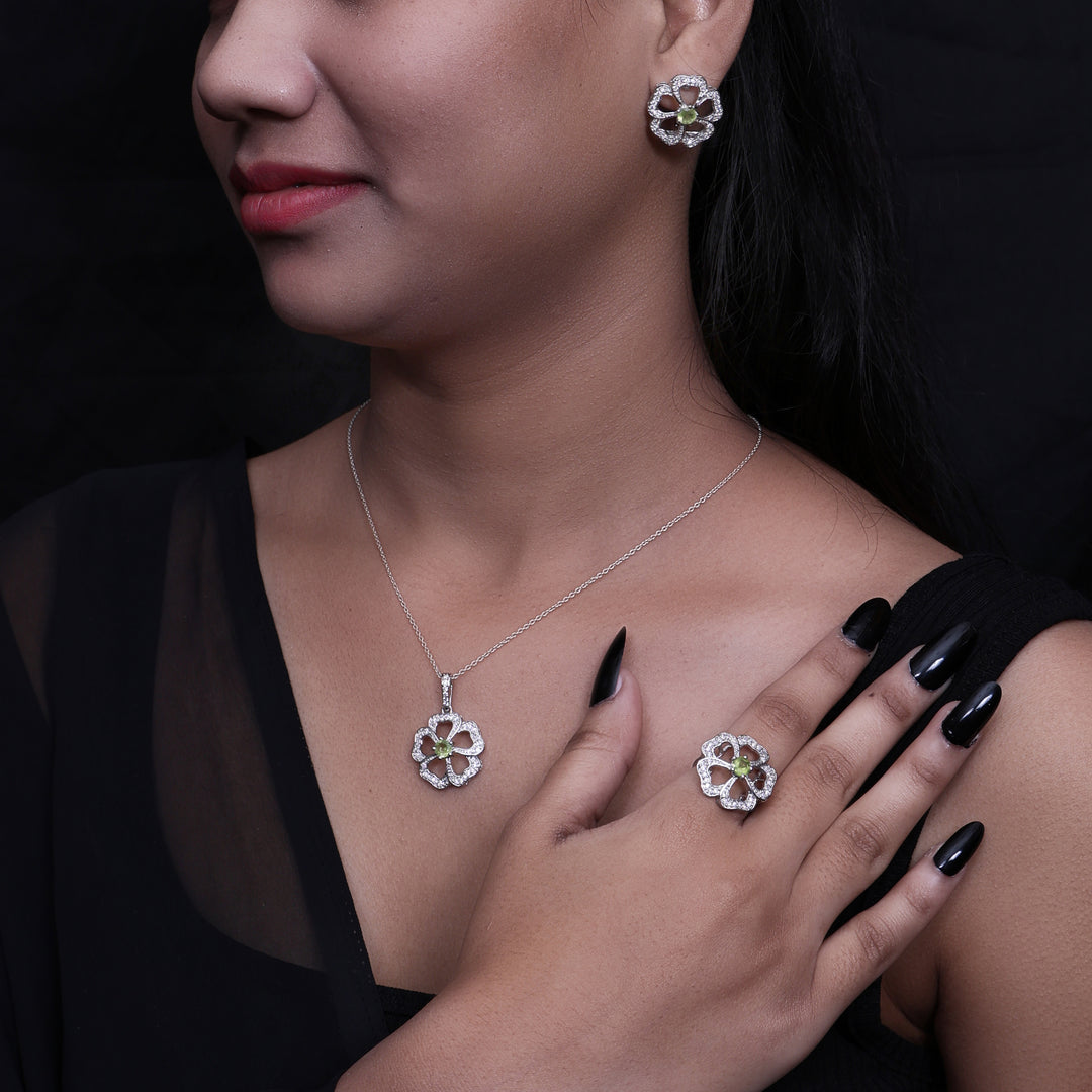 925 Silver Flower Jewelry Set with Green Gemstone | Gift for Her