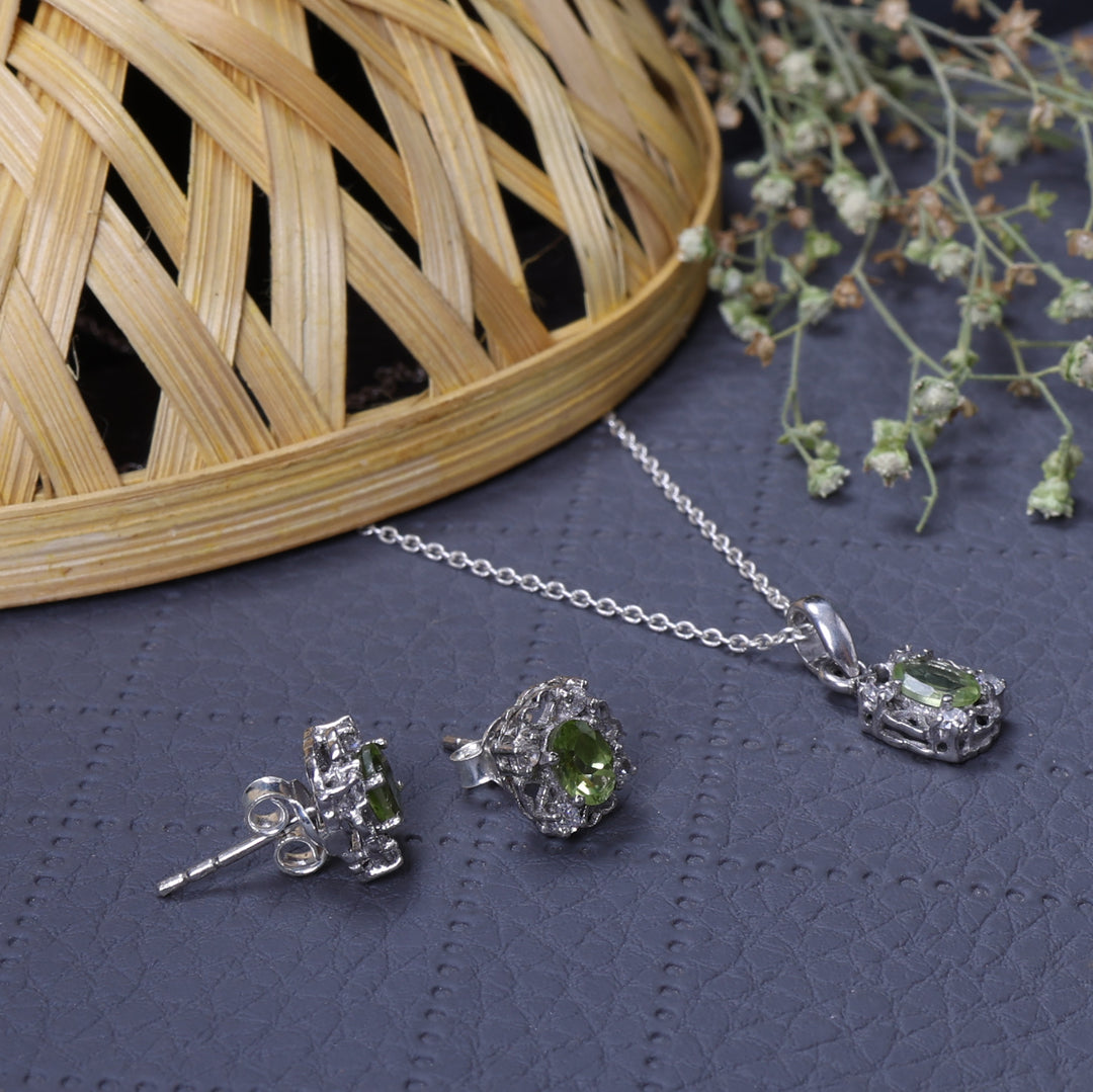 925 Silver Peridot Jewelry Set | Earrings & Necklace | Gift