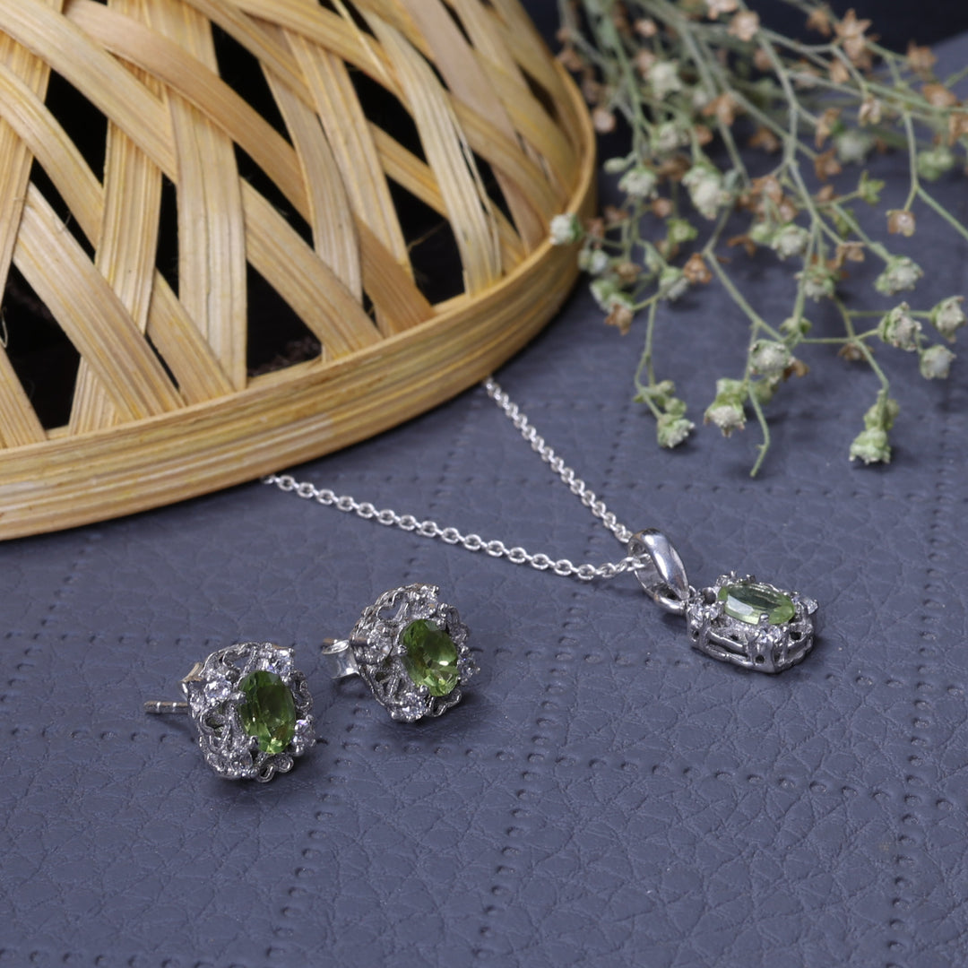 925 Silver Peridot Jewelry Set | Earrings & Necklace | Gift