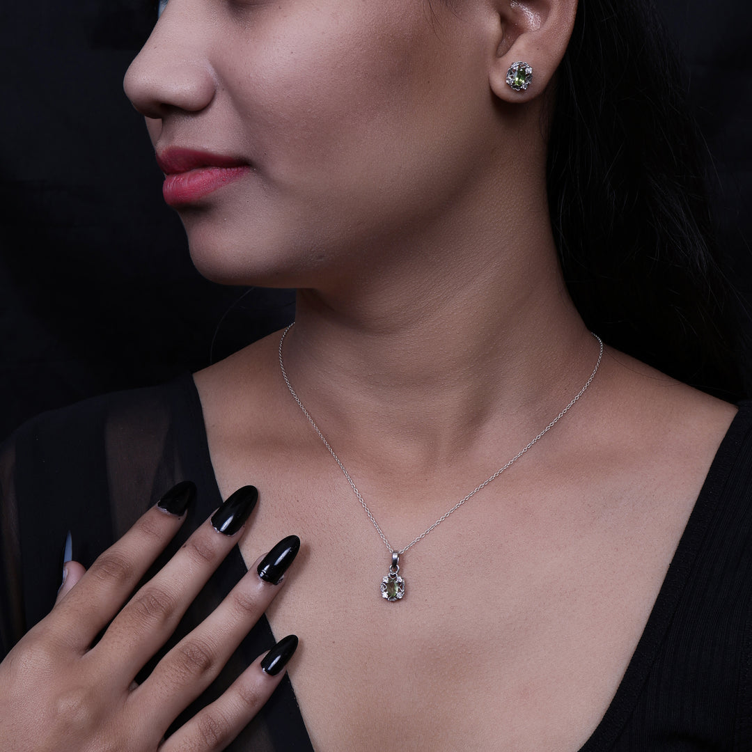 925 Silver Peridot Jewelry Set | Earrings & Necklace | Gift