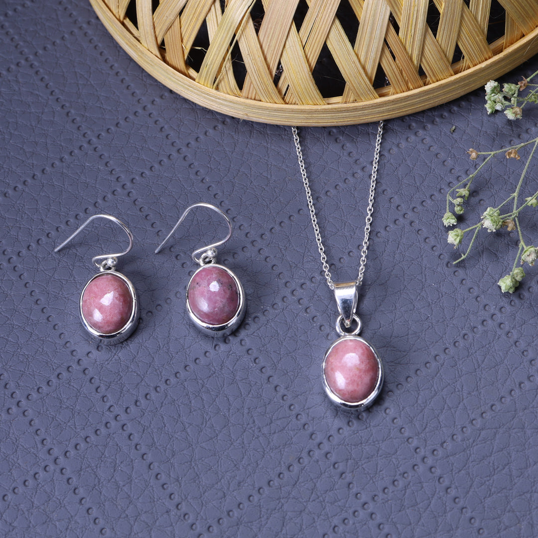 925 Silver Rhodochrosite Jewelry Set | Gemstone Earrings & Necklace for Women