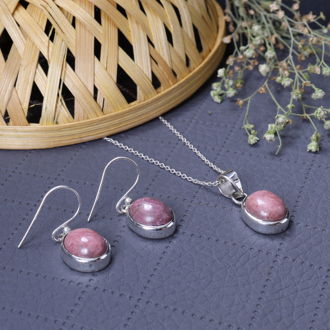 925 Silver Rhodochrosite Jewelry Set | Gemstone Earrings & Necklace for Women