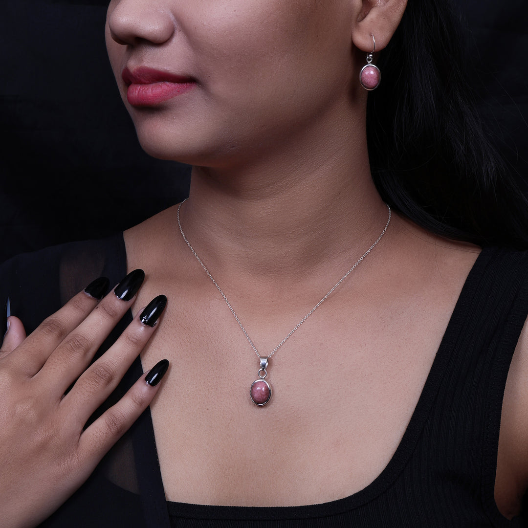 925 Silver Rhodochrosite Jewelry Set | Gemstone Earrings & Necklace for Women
