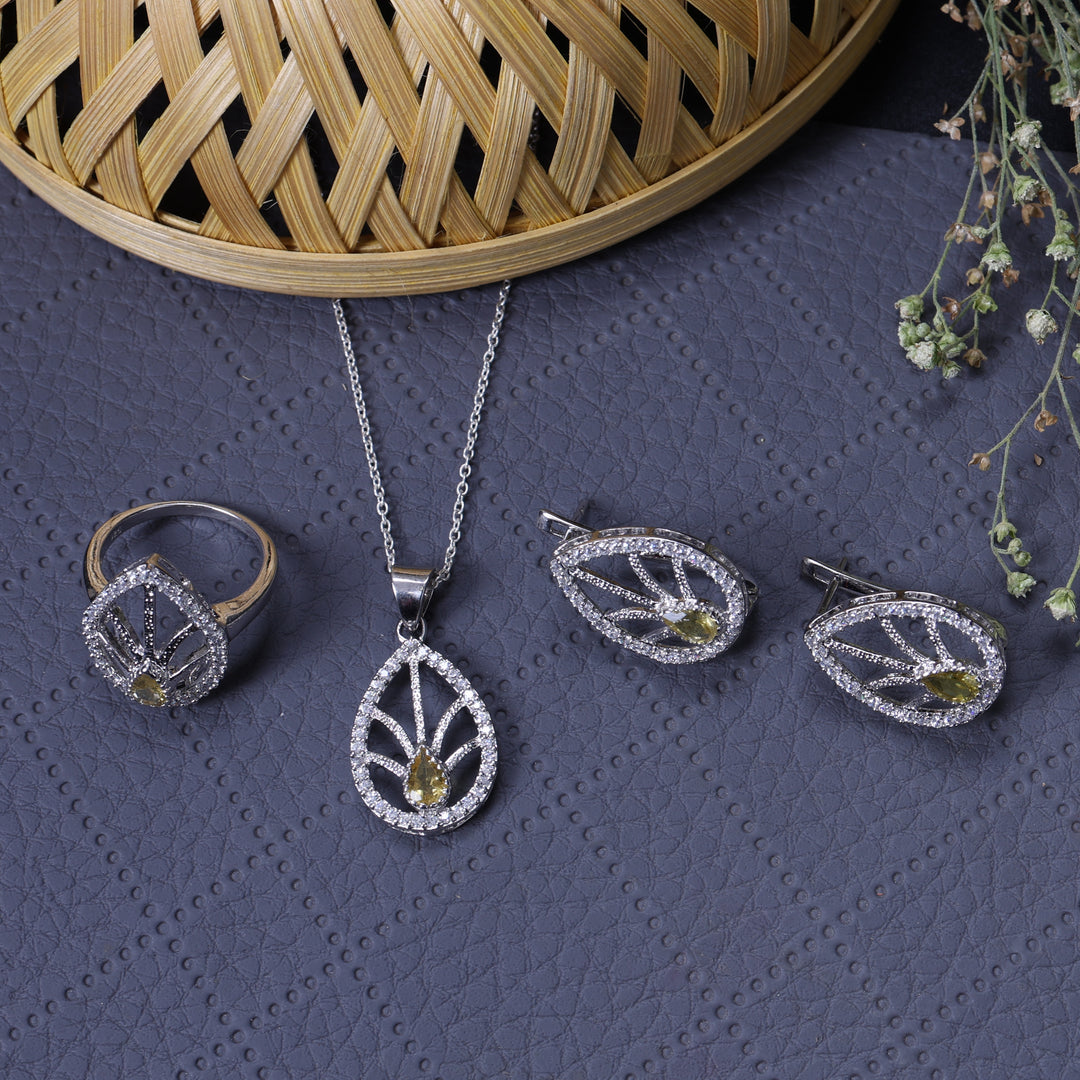 925 Silver Citrine Jewelry Set | Leaf Design | Gift for Her