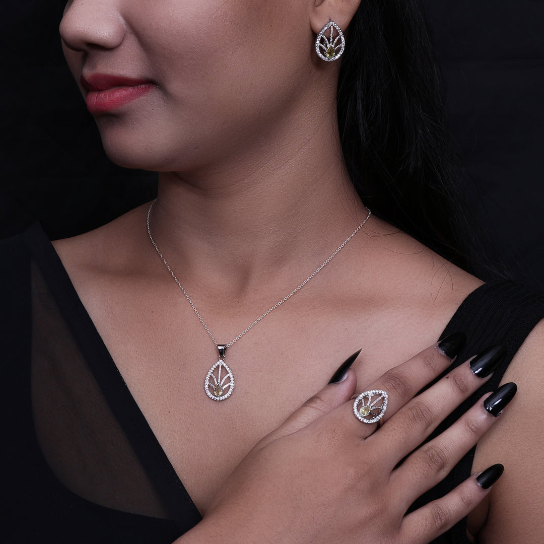 925 Silver Citrine Jewelry Set | Leaf Design | Gift for Her