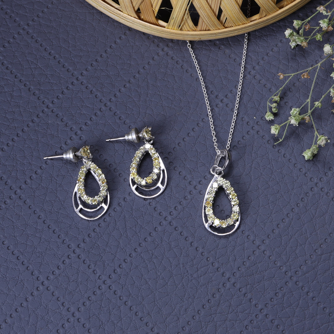 925 Silver Teardrop Earrings & Pendant Set | Yellow Gemstone