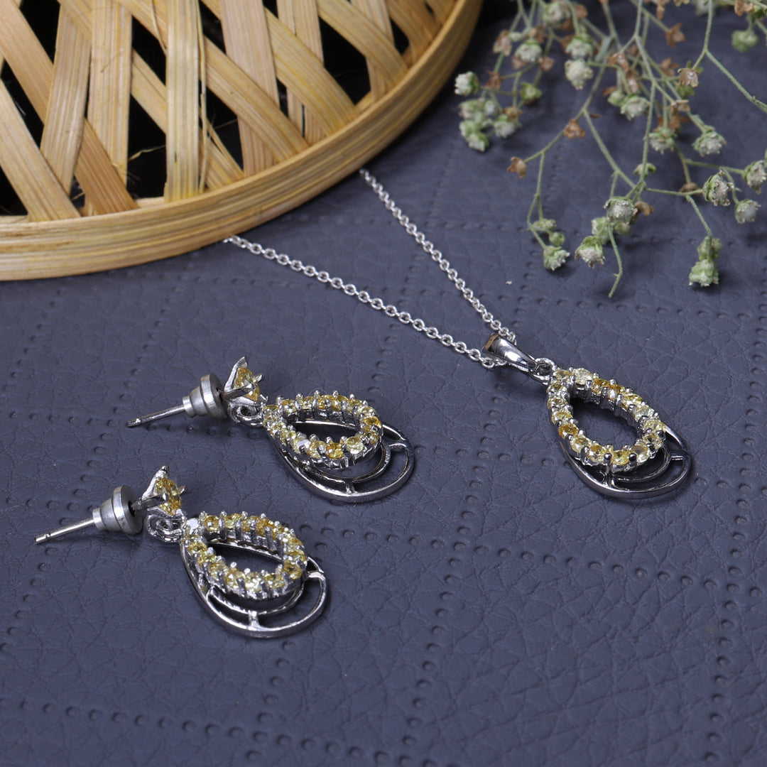 925 Silver Teardrop Earrings & Pendant Set | Yellow Gemstone