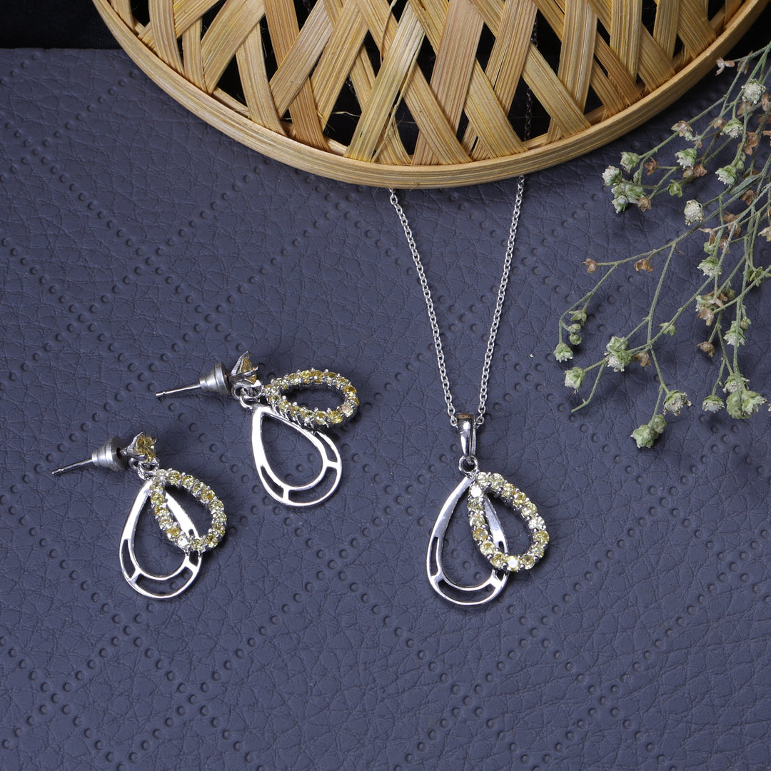 925 Silver Teardrop Earrings & Pendant Set | Yellow Gemstone
