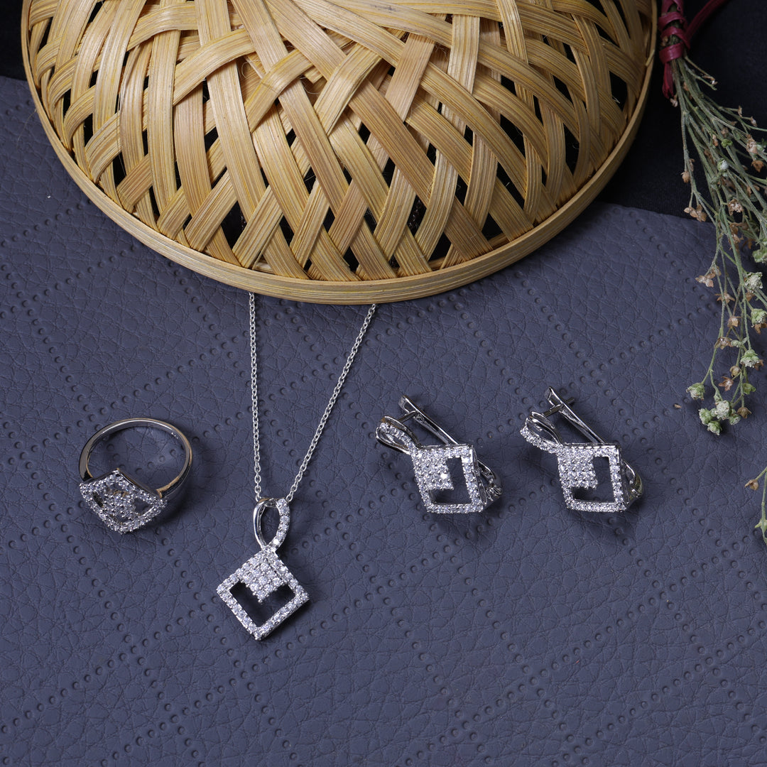 925 Silver Diamond Set (Earrings, Necklace, Ring) | Women's Jewelry