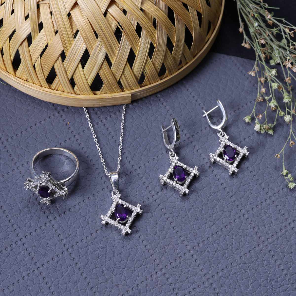 925 silver amethyst jewelry set | oval gemstone set for women