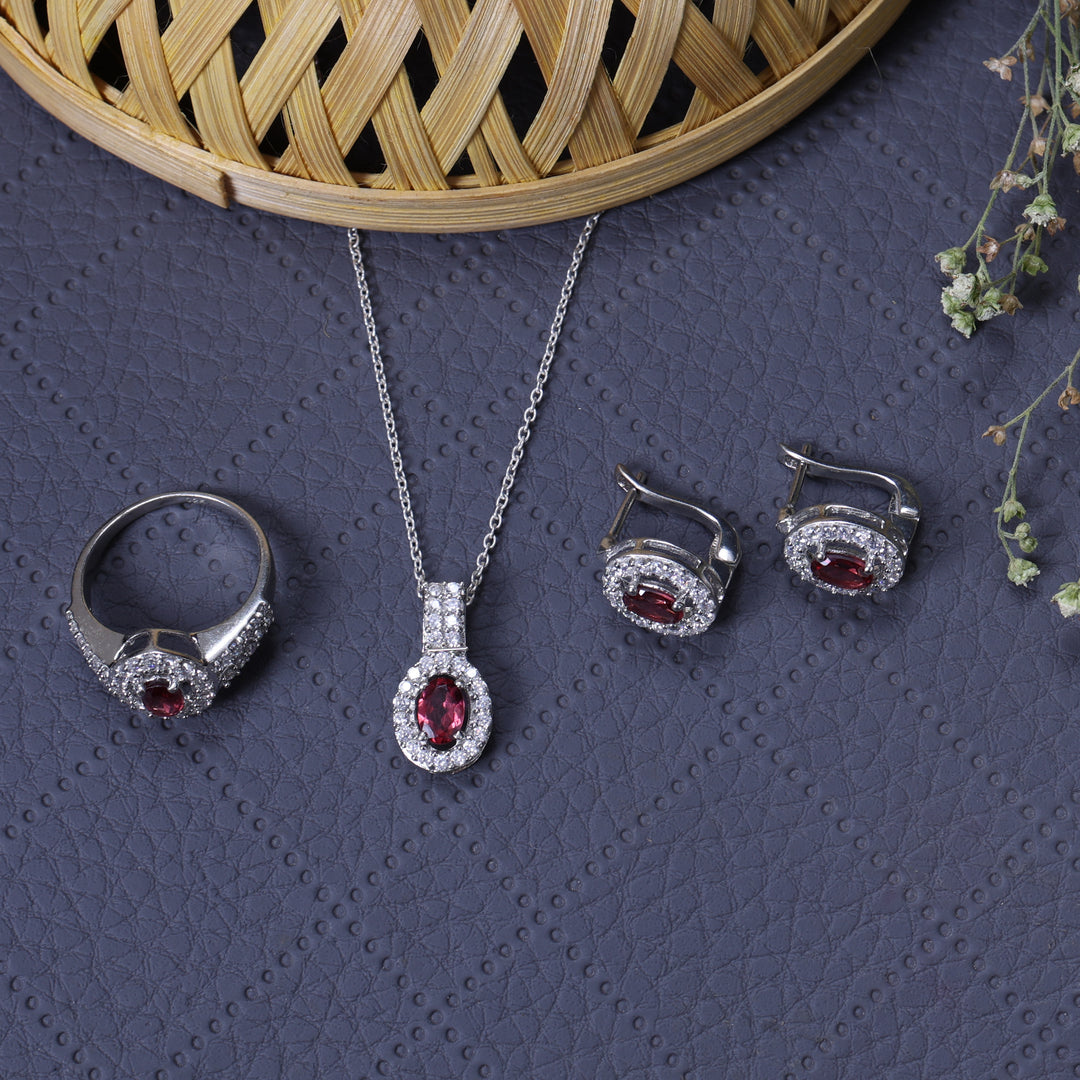 Silver Ruby Jewelry Set | Earrings, Necklace, Ring | Gift