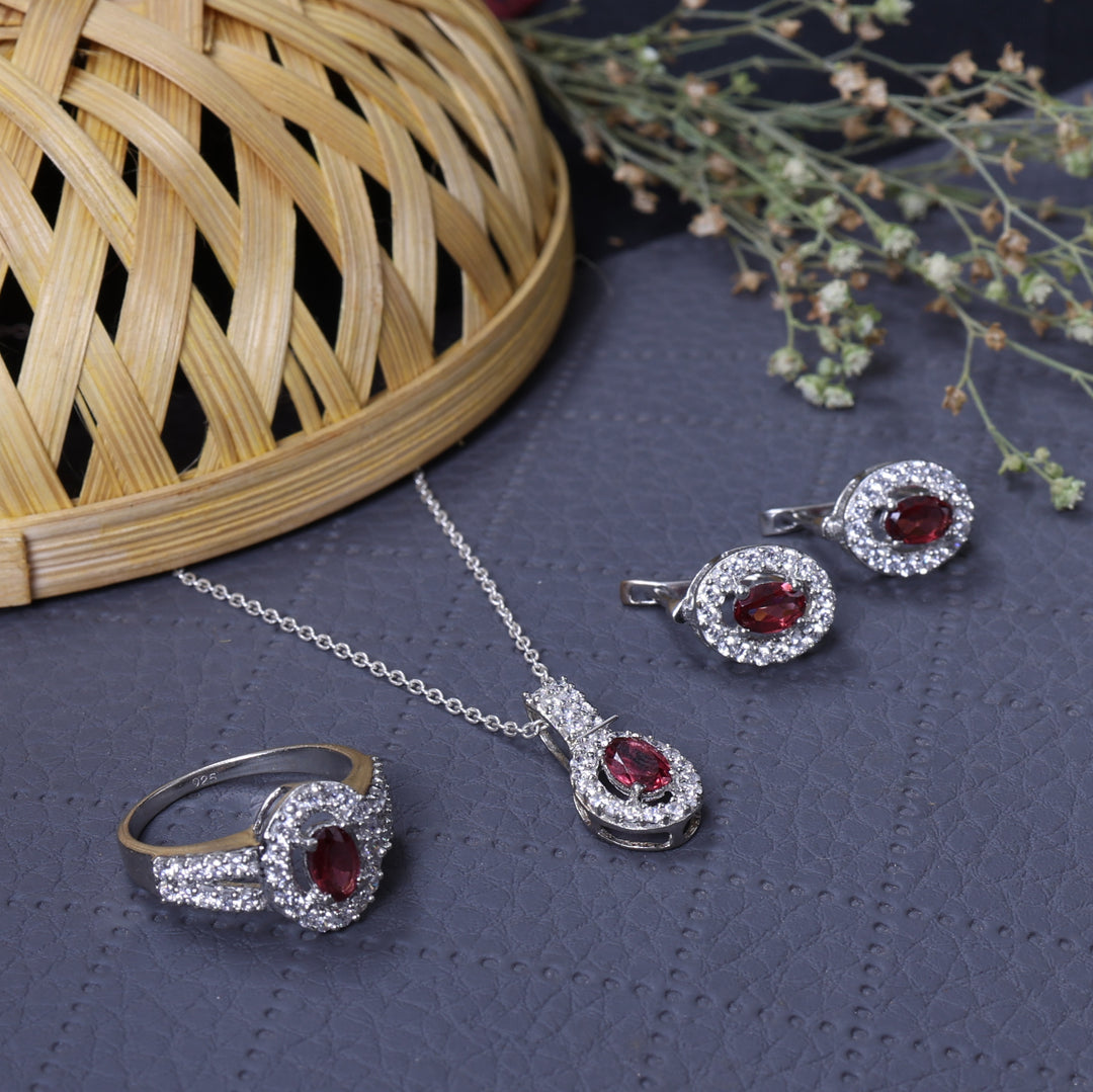 Silver Ruby Jewelry Set | Earrings, Necklace, Ring | Gift
