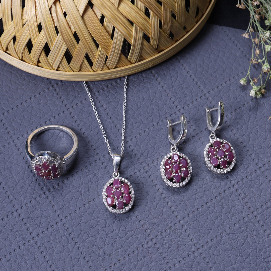 925 Silver Ruby Jewelry Set | Earrings, Necklace & Ring for Women