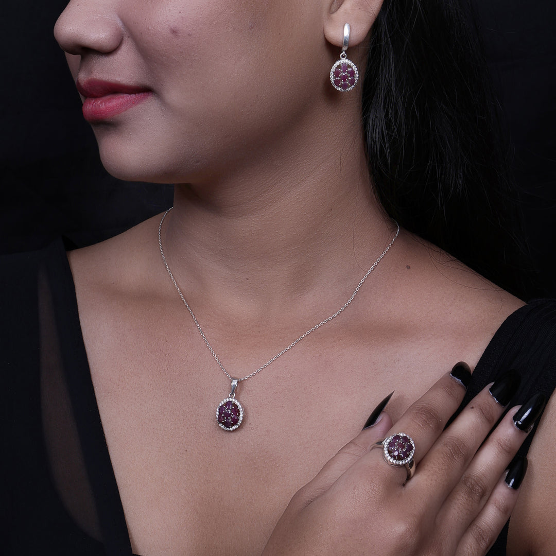 925 Silver Ruby Jewelry Set | Earrings, Necklace & Ring for Women