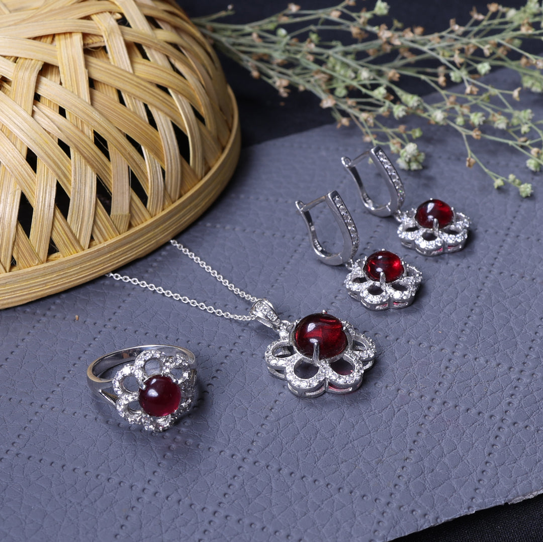 925 Silver Pink Gemstone Flower Jewelry Set for Women | Gift